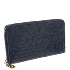 Versace Navy Blue Leather Vanitas Zip Around Wallet For Women -Versace Official Website luxury women versace used handbags p266192 004