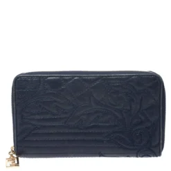 Versace Navy Blue Leather Vanitas Zip Around Wallet For Women