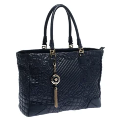 Versace Navy Blue Quilted Leather Elettra Vanitas Tote For Women -Versace Official Website luxury women versace used handbags p266503 006