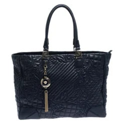Versace Navy Blue Quilted Leather Elettra Vanitas Tote For Women