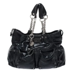Versace Midnight Blue Croc Patent Leather Chain Tote For Women