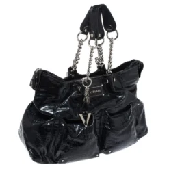 Versace Midnight Blue Croc Patent Leather Chain Tote For Women -Versace Official Website luxury women versace used handbags p270688 003