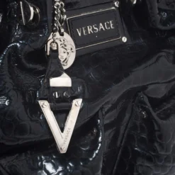 Versace Midnight Blue Croc Patent Leather Chain Tote For Women -Versace Official Website luxury women versace used handbags p270688 010