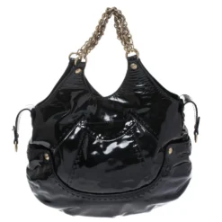 Versace Black Stitches Patent Leather Chain Shoulder Bag For Women