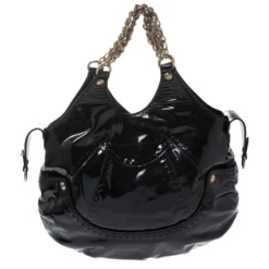Versace Black Stitches Patent Leather Chain Shoulder Bag For Women -Versace Official Website luxury women versace used handbags p270915 009