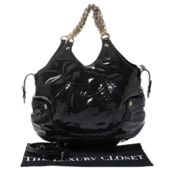 Versace Black Stitches Patent Leather Chain Shoulder Bag For Women -Versace Official Website luxury women versace used handbags p270915 010