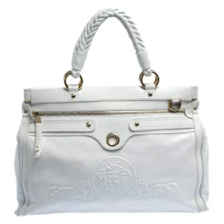 Versace White Leather Logo Embossed Tote For Women