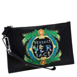 Versace Black Leather Floral Printed Wristlet Pouch For Women -Versace Official Website luxury women versace used handbags p279108 007