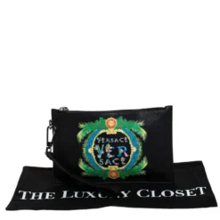 Versace Black Leather Floral Printed Wristlet Pouch For Women -Versace Official Website luxury women versace used handbags p279108 010