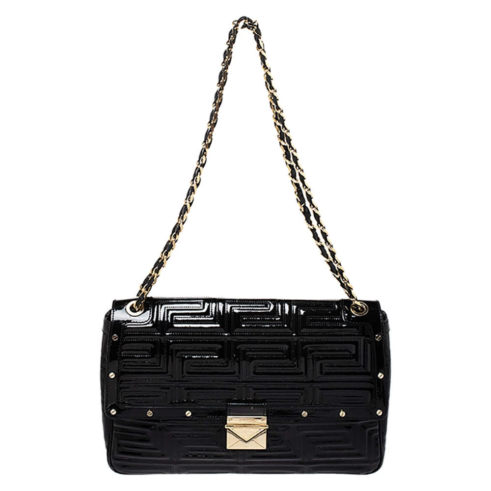 Versace Black Patent Leather Flap Shoulder Bag For Women 1 Versace Black Patent Leather Flap Shoulder Bag For Women