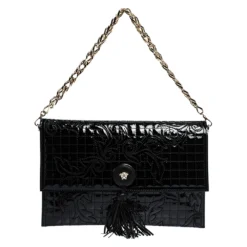 Versace Black Leather Tassel Medusa Shoulder Bag For Women