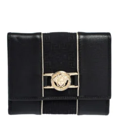 Versace Black Canvas And Leather Compact Wallet For Women