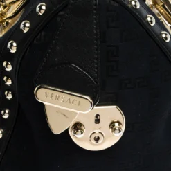 Versace Black/Gold Signature Fabric And Leather Studded Snap Out Of It Satchel For Women -Versace Official Website luxury women versace used handbags p285984 003