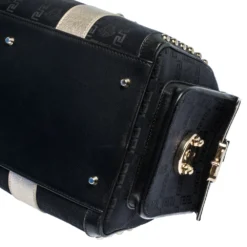 Versace Black/Gold Signature Fabric And Leather Studded Snap Out Of It Satchel For Women -Versace Official Website luxury women versace used handbags p285984 004