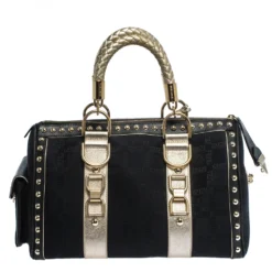 Versace Black/Gold Signature Fabric And Leather Studded Snap Out Of It Satchel For Women -Versace Official Website luxury women versace used handbags p285984 007