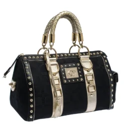Versace Black/Gold Signature Fabric And Leather Studded Snap Out Of It Satchel For Women -Versace Official Website luxury women versace used handbags p285984 008