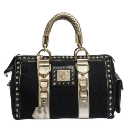 Versace Black/Gold Signature Fabric And Leather Studded Snap Out Of It Satchel For Women