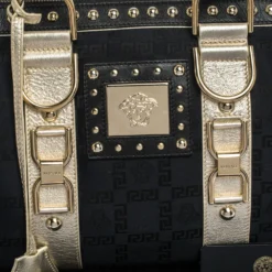 Versace Black/Gold Signature Fabric And Leather Studded Snap Out Of It Satchel For Women -Versace Official Website luxury women versace used handbags p285984 010