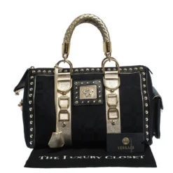 Versace Black/Gold Signature Fabric And Leather Studded Snap Out Of It Satchel For Women -Versace Official Website luxury women versace used handbags p285984 011