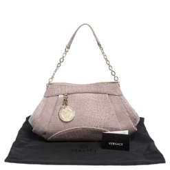 Versace Old Rose Croc Embossed Leather Shoulder Bag For Women -Versace Official Website luxury women versace used handbags p290416 011