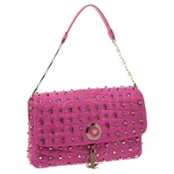 Versace Pink Leather Studded Tassel Vanitas Medea Shoulder Bag For Women -Versace Official Website luxury women versace used handbags p293390 006
