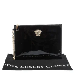 Versace Black Patent Leather Medusa Wristlet Pouch For Women -Versace Official Website luxury women versace used handbags p294182 009