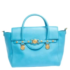 Versace Blue Leather Medusa Medallion Satchel For Women