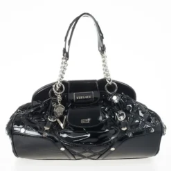 Versace Black Patent Chain Link Handle Satchel For Women