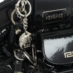 Versace Black Patent Chain Link Handle Satchel For Women -Versace Official Website luxury women versace used handbags p29688 013