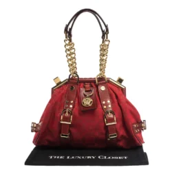 Versace Red Signature Fabric And Leather Madonna Satchel For Women -Versace Official Website luxury women versace used handbags p297094 002
