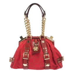 Versace Red Signature Fabric And Leather Madonna Satchel For Women