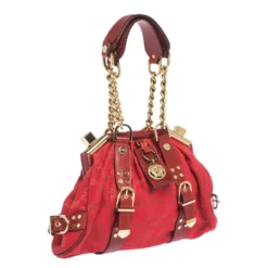 Versace Red Signature Fabric And Leather Madonna Satchel For Women -Versace Official Website luxury women versace used handbags p297094 005