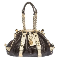 Versace Brown/Cream Croc Embossed Leather Medusa Satchel For Women