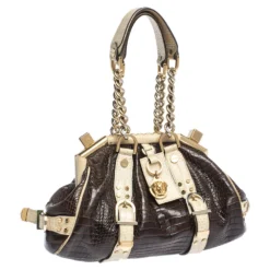 Versace Brown/Cream Croc Embossed Leather Medusa Satchel For Women -Versace Official Website luxury women versace used handbags p298083 005