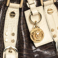 Versace Brown/Cream Croc Embossed Leather Medusa Satchel For Women -Versace Official Website luxury women versace used handbags p298083 006