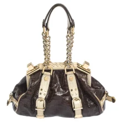 Versace Brown/Cream Croc Embossed Leather Medusa Satchel For Women -Versace Official Website luxury women versace used handbags p298083 008