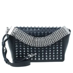 Versace Black Leather Studded Crystal Chain Shoulder Bag For Women