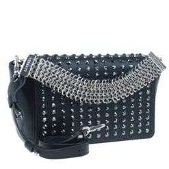 Versace Black Leather Studded Crystal Chain Shoulder Bag For Women -Versace Official Website luxury women versace used handbags p2994 0003