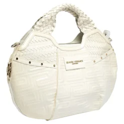 Versace Ivory Quilted And Woven Patent Leather Hobo For Women -Versace Official Website luxury women versace used handbags p303263 004