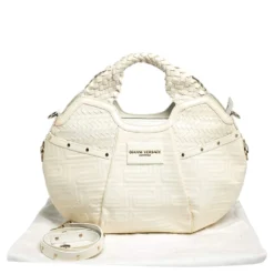 Versace Ivory Quilted And Woven Patent Leather Hobo For Women -Versace Official Website luxury women versace used handbags p303263 006