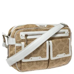 Versace White/Beige Medusa Print Fabric And Leather Double Pocket Expandable Shoulder Bag For Women -Versace Official Website luxury women versace used handbags p303587 003