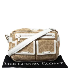 Versace White/Beige Medusa Print Fabric And Leather Double Pocket Expandable Shoulder Bag For Women -Versace Official Website luxury women versace used handbags p303587 005