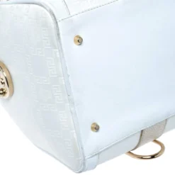 Versace White/Gold Signature Fabric And Leather Snap Out Of It Satchel For Women -Versace Official Website luxury women versace used handbags p306863 001