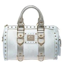 Versace White/Gold Signature Fabric And Leather Snap Out Of It Satchel For Women