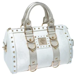 Versace White/Gold Signature Fabric And Leather Snap Out Of It Satchel For Women -Versace Official Website luxury women versace used handbags p306863 004