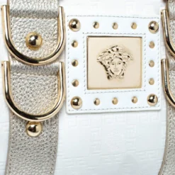 Versace White/Gold Signature Fabric And Leather Snap Out Of It Satchel For Women -Versace Official Website luxury women versace used handbags p306863 005