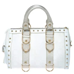 Versace White/Gold Signature Fabric And Leather Snap Out Of It Satchel For Women -Versace Official Website luxury women versace used handbags p306863 007