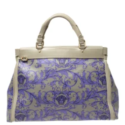Versace Grey/Lilac Baroque Print Coated Canvas And Leather Frame Tote For Women -Versace Official Website luxury women versace used handbags p306866 003