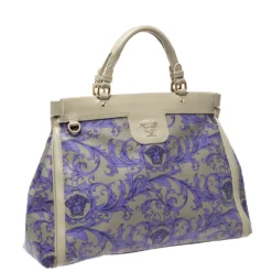 Versace Grey/Lilac Baroque Print Coated Canvas And Leather Frame Tote For Women -Versace Official Website luxury women versace used handbags p306866 005
