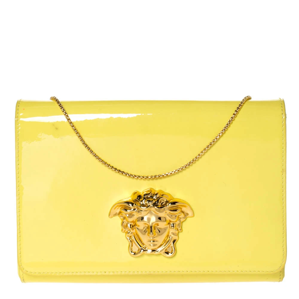 Versace Yellow Patent Leather Medusa Chain Clutch For Women 1 Versace Yellow Patent Leather Medusa Chain Clutch For Women